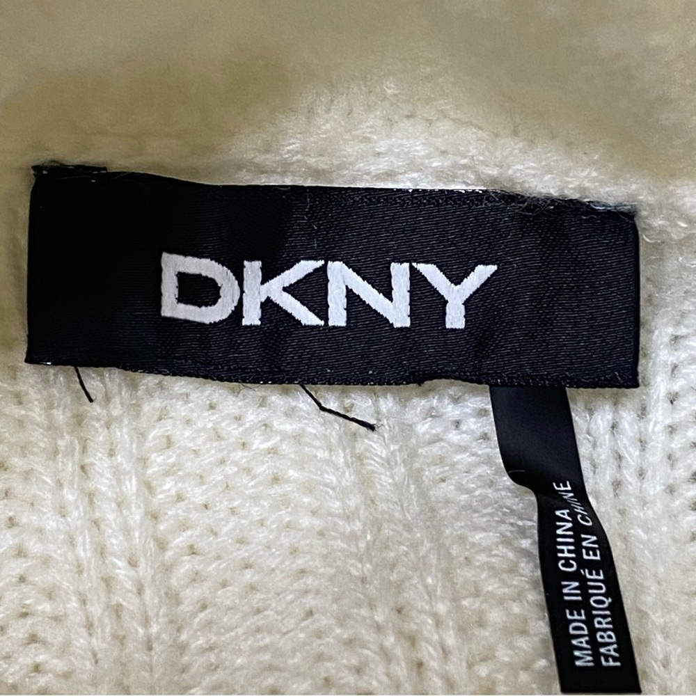 DKNY Ivory Fringe Ribbed Knit Turtleneck Sweater Boho Cozy Pullover Small - Picture 6 of 8